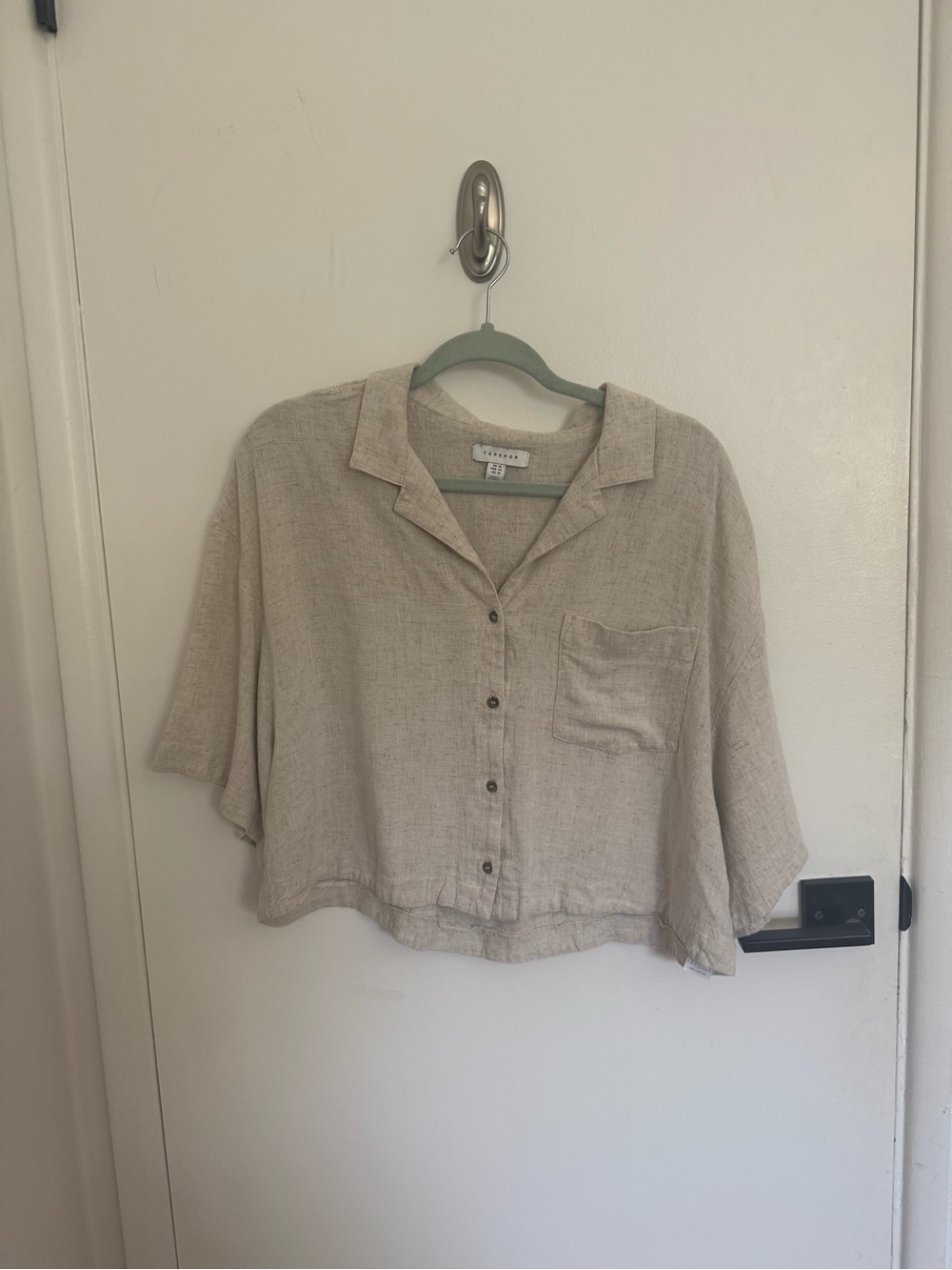 Topshop Beige linen blend Button-Up Crop Shirt